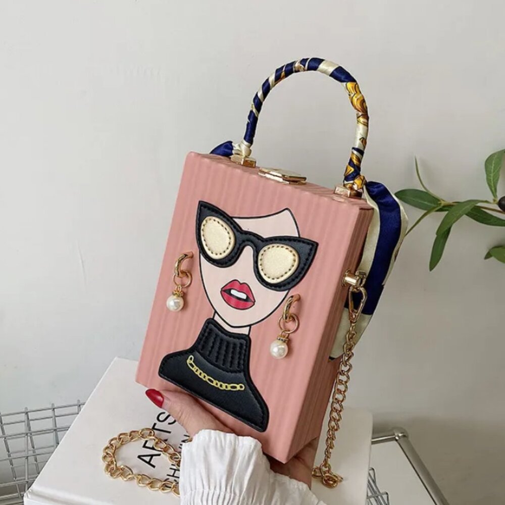 Trendy Face Design Box Handbag – Pink, Tan, or White